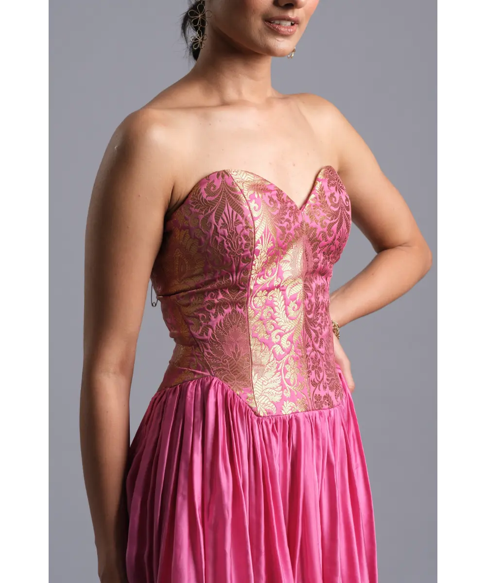 AASTHA SOOD - Bubblegum pink Brocade Corset Dress